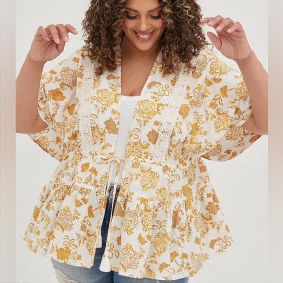 Torrid Ruffle Kimono Jacket Womens sz 5 5X Golden Yellow Floral Tassel Rayon - Picture 9 of 9